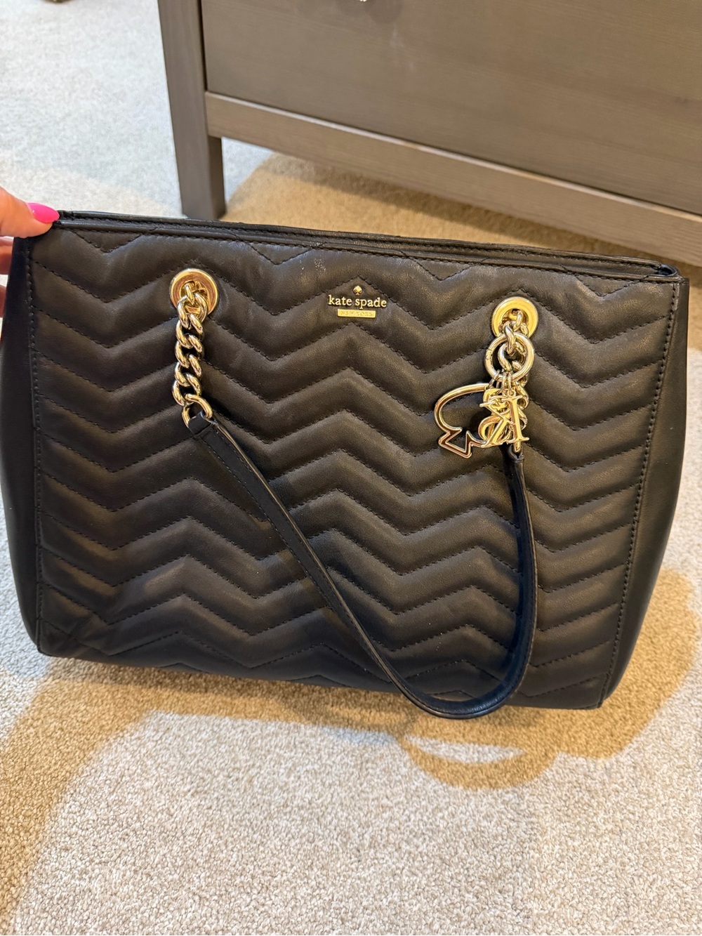 Kate Spade Black Quilted Leather Tote with Gold Chain Accents
